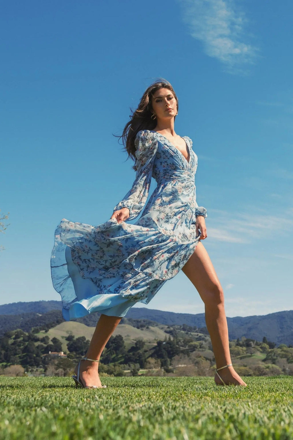 Women's Blue Dress Floral - Blue Ruffle Chiffon