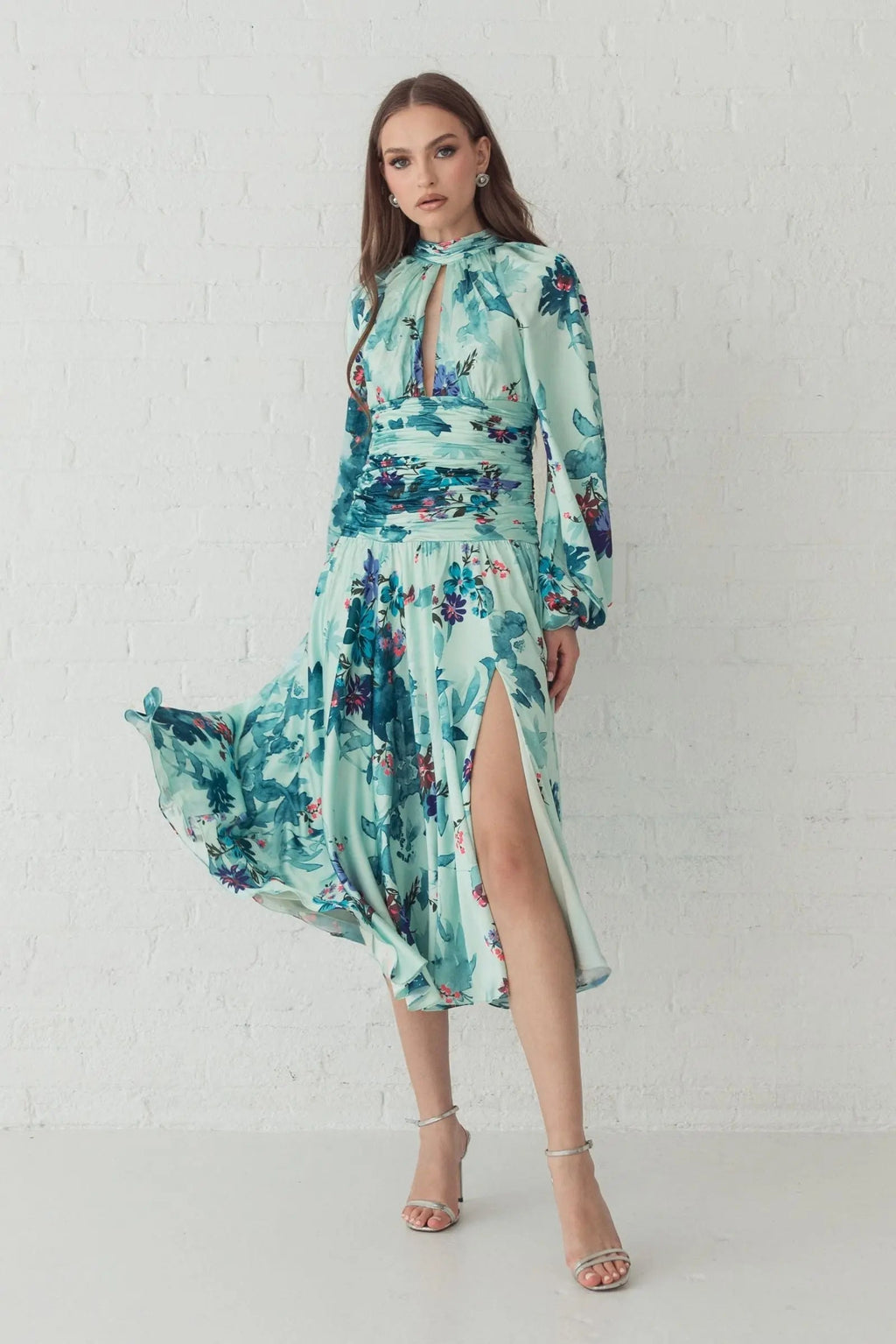 Women's Green Dress Satin Floral