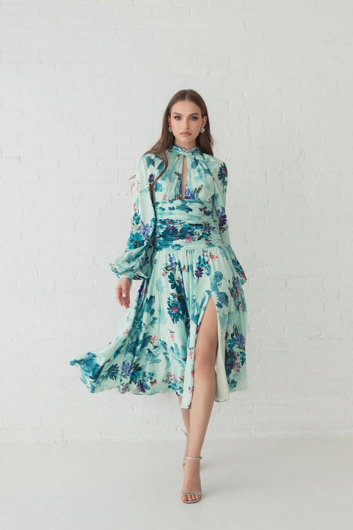 Women's Green Dress Satin Floral