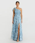 Women's Blue Dress Floral One Shoulder