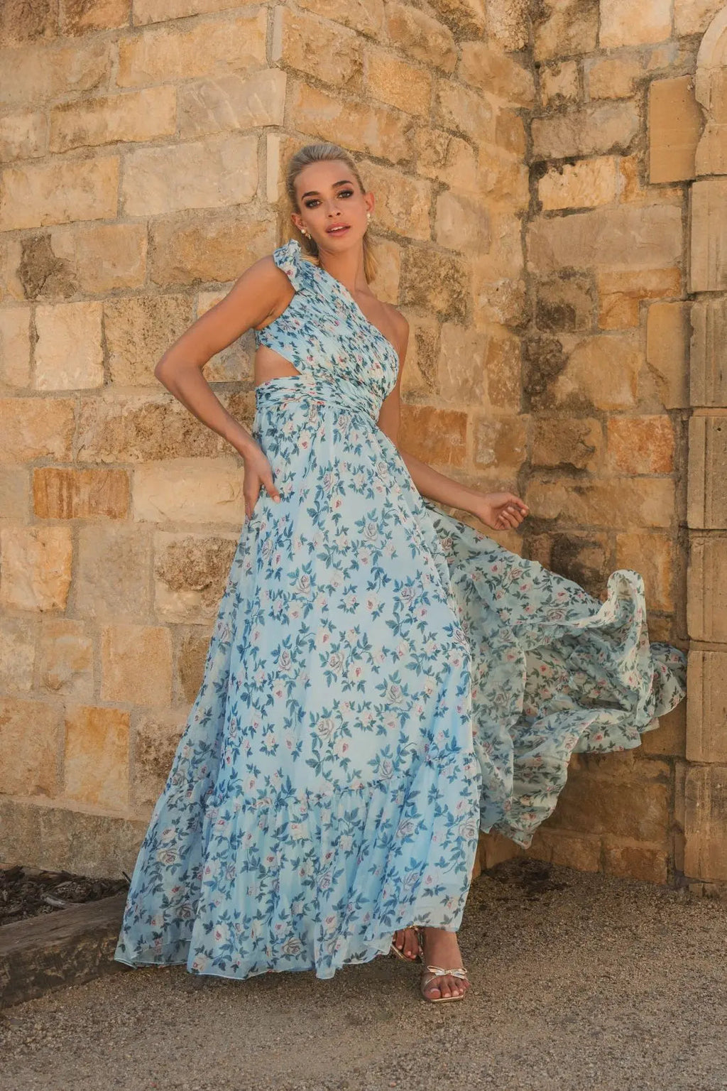 Women's Blue Dress Floral One Shoulder
