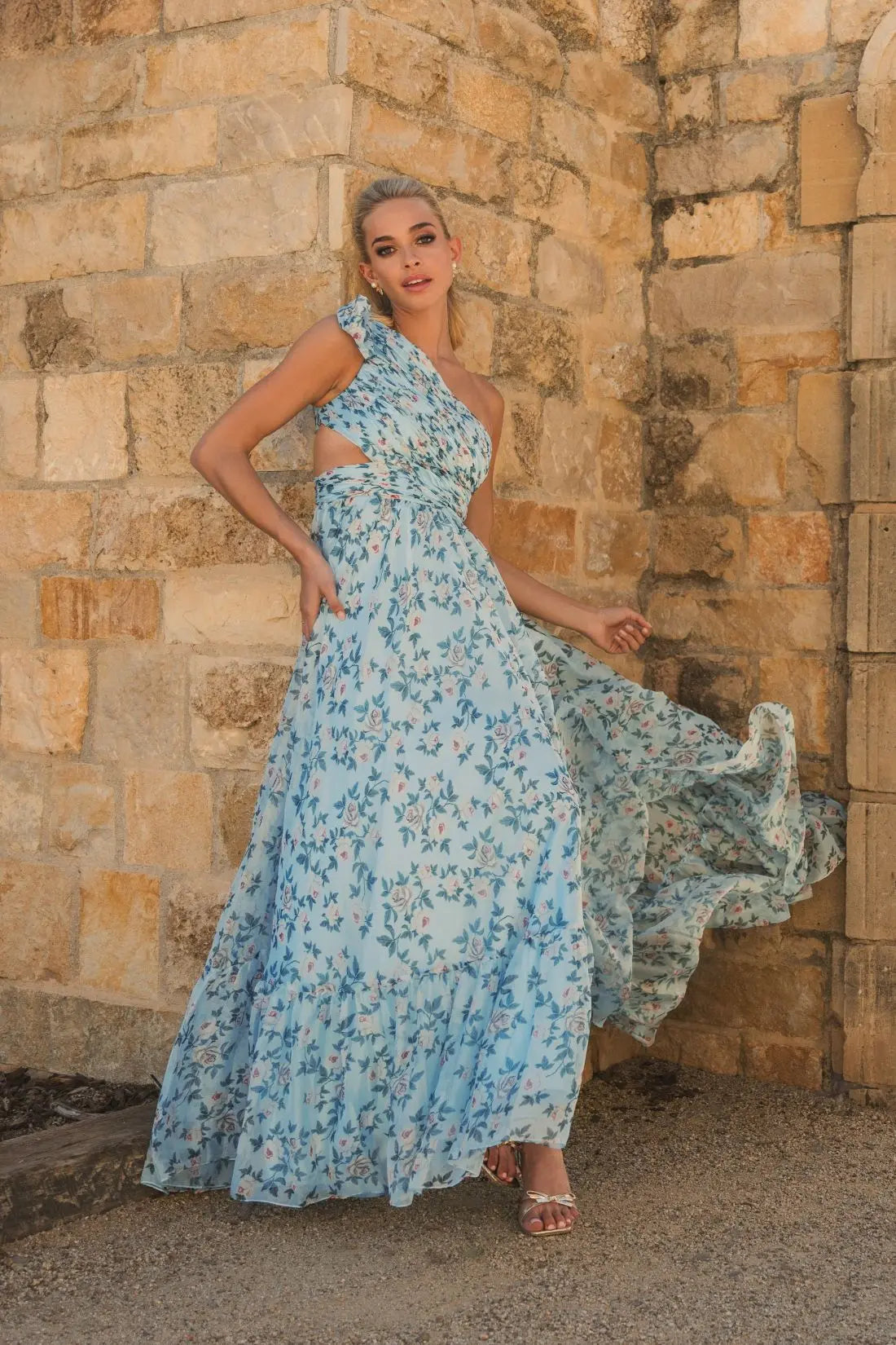 Women's Blue Dress Floral One Shoulder