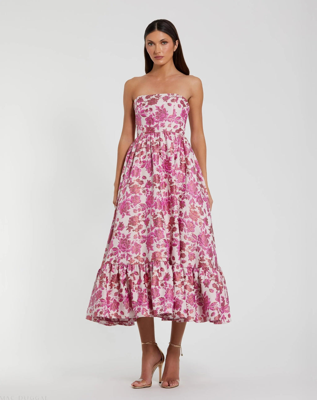 Women's Pink Midi Dress Floral Strapless - Pink Ruffle