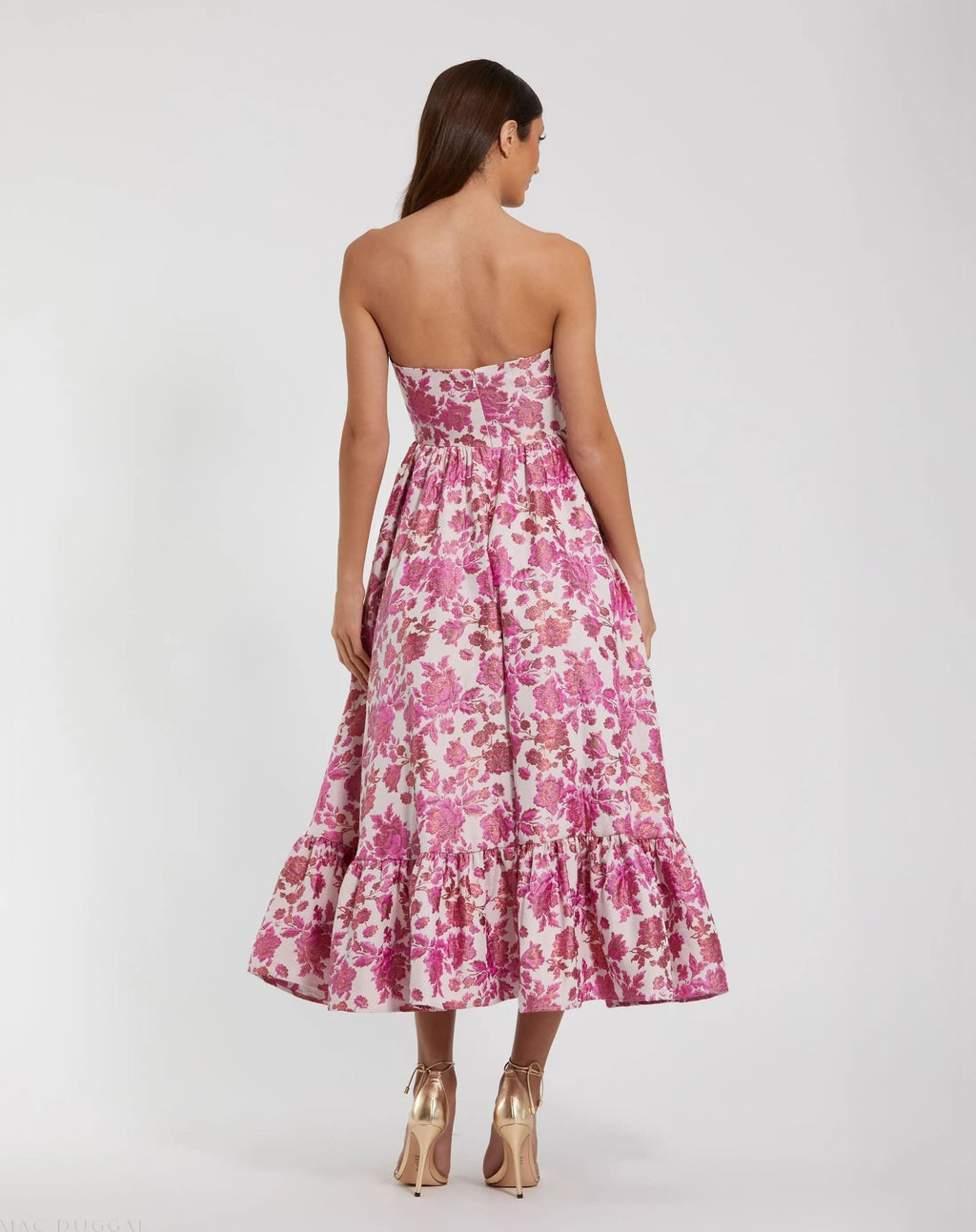 Women's Pink Midi Dress Floral Strapless - Pink Ruffle