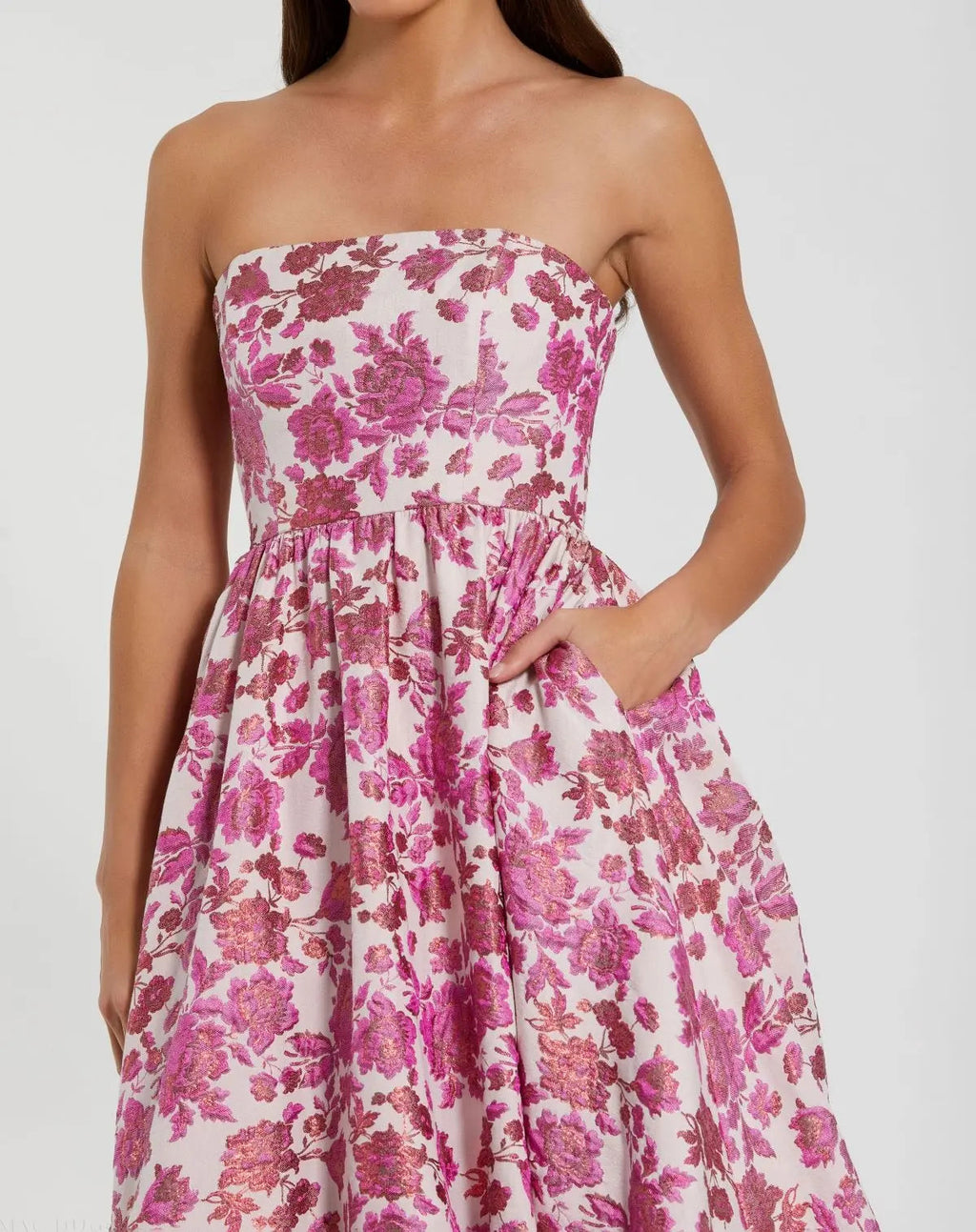 Women's Pink Midi Dress Floral Strapless - Pink Ruffle