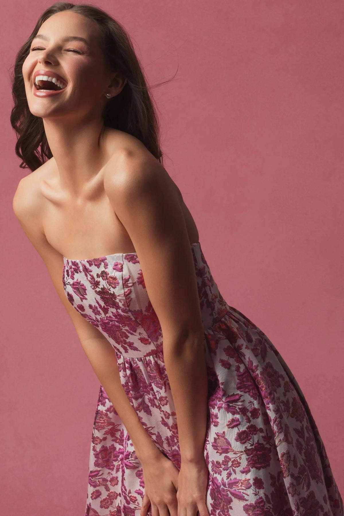 Women's Pink Midi Dress Floral Strapless - Pink Ruffle