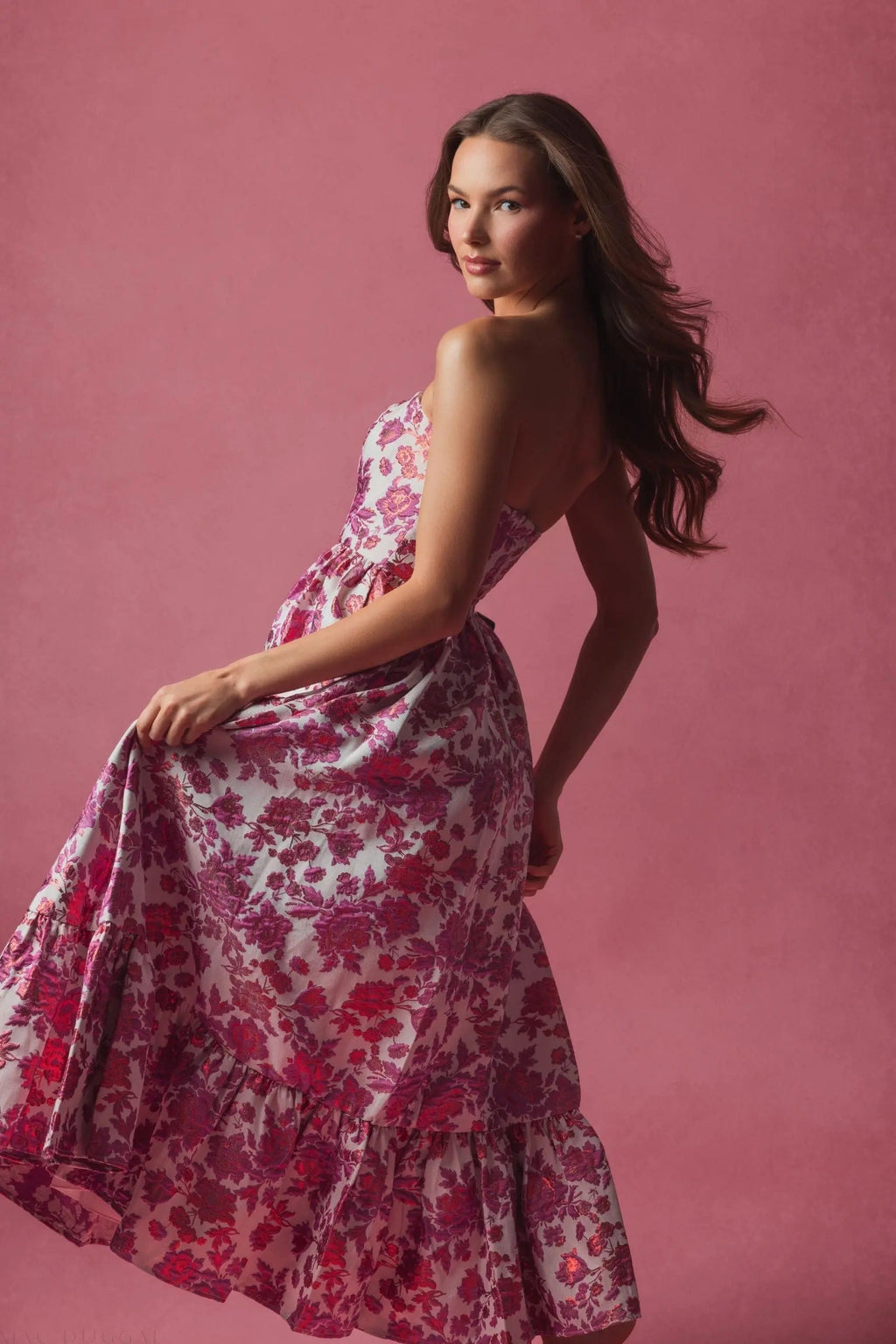 Women's Pink Midi Dress Floral Strapless - Pink Ruffle