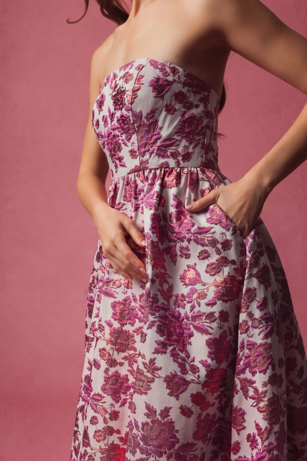Women's Pink Midi Dress Floral Strapless - Pink Ruffle