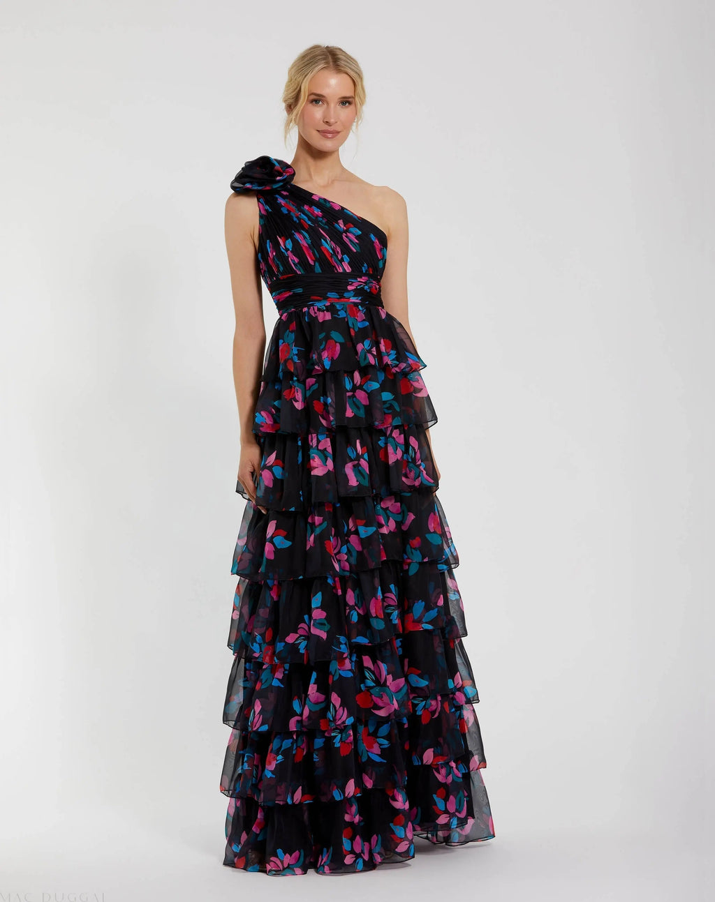 Women's Black Dress Floral One Shoulder - Black Ruched Ruffle