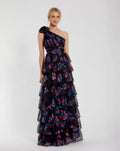 Women's Black Dress Floral One Shoulder - Black Ruched Ruffle