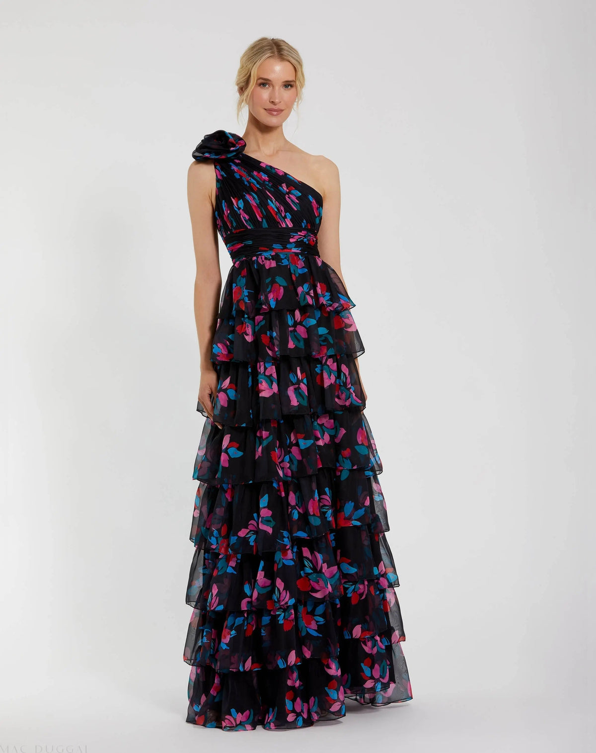 Women's Black Dress Floral One Shoulder - Black Ruched Ruffle