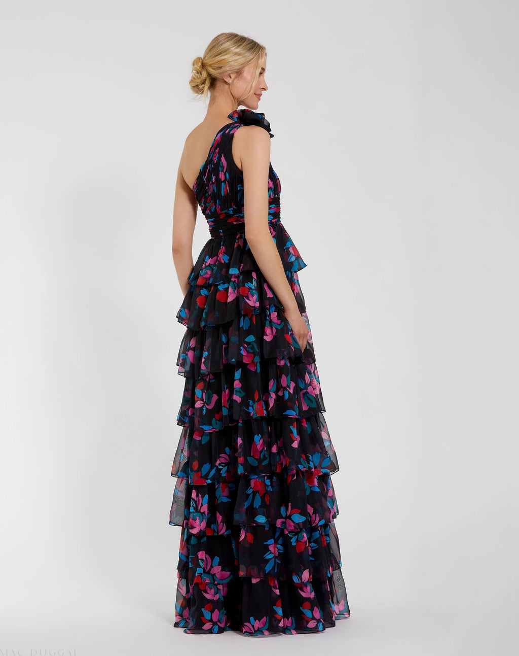 Women's Black Dress Floral One Shoulder - Black Ruched Ruffle