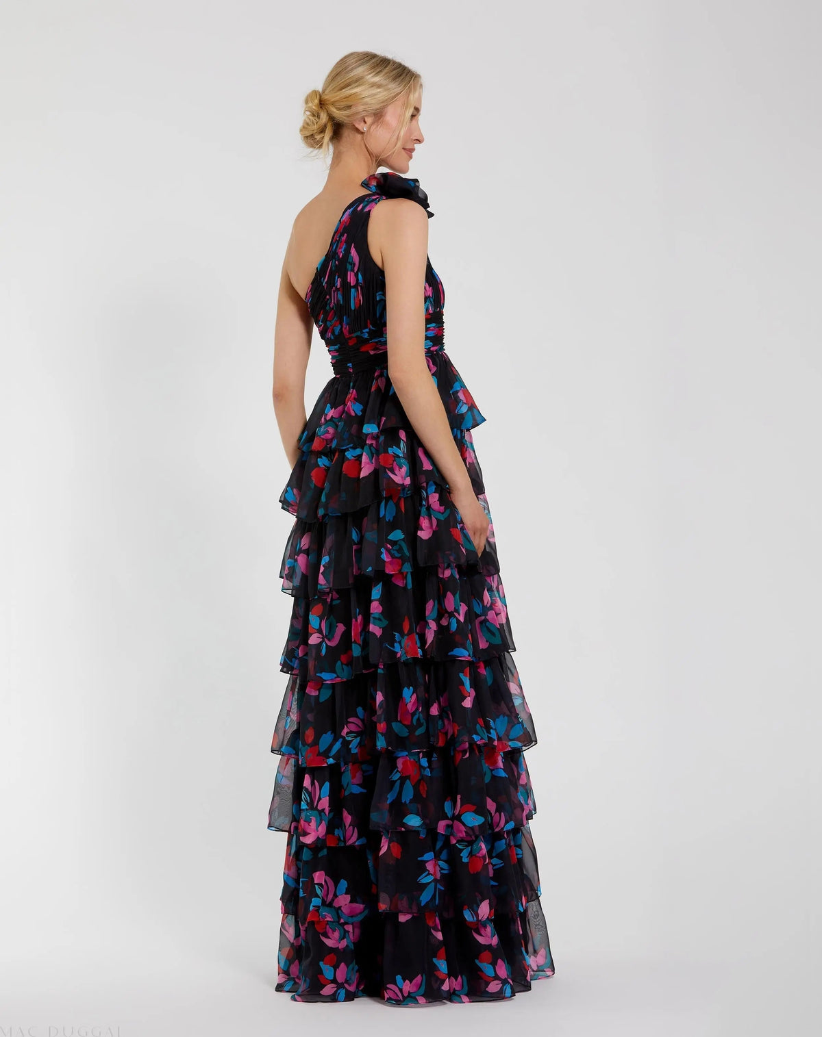 Women's Black Dress Floral One Shoulder - Black Ruched Ruffle