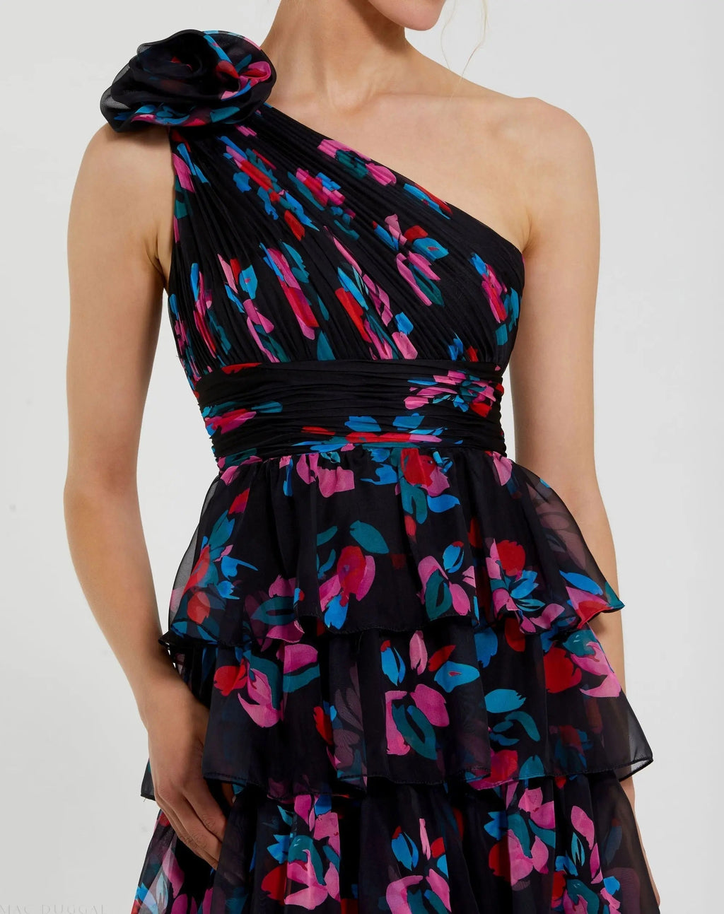 Women's Black Dress Floral One Shoulder - Black Ruched Ruffle