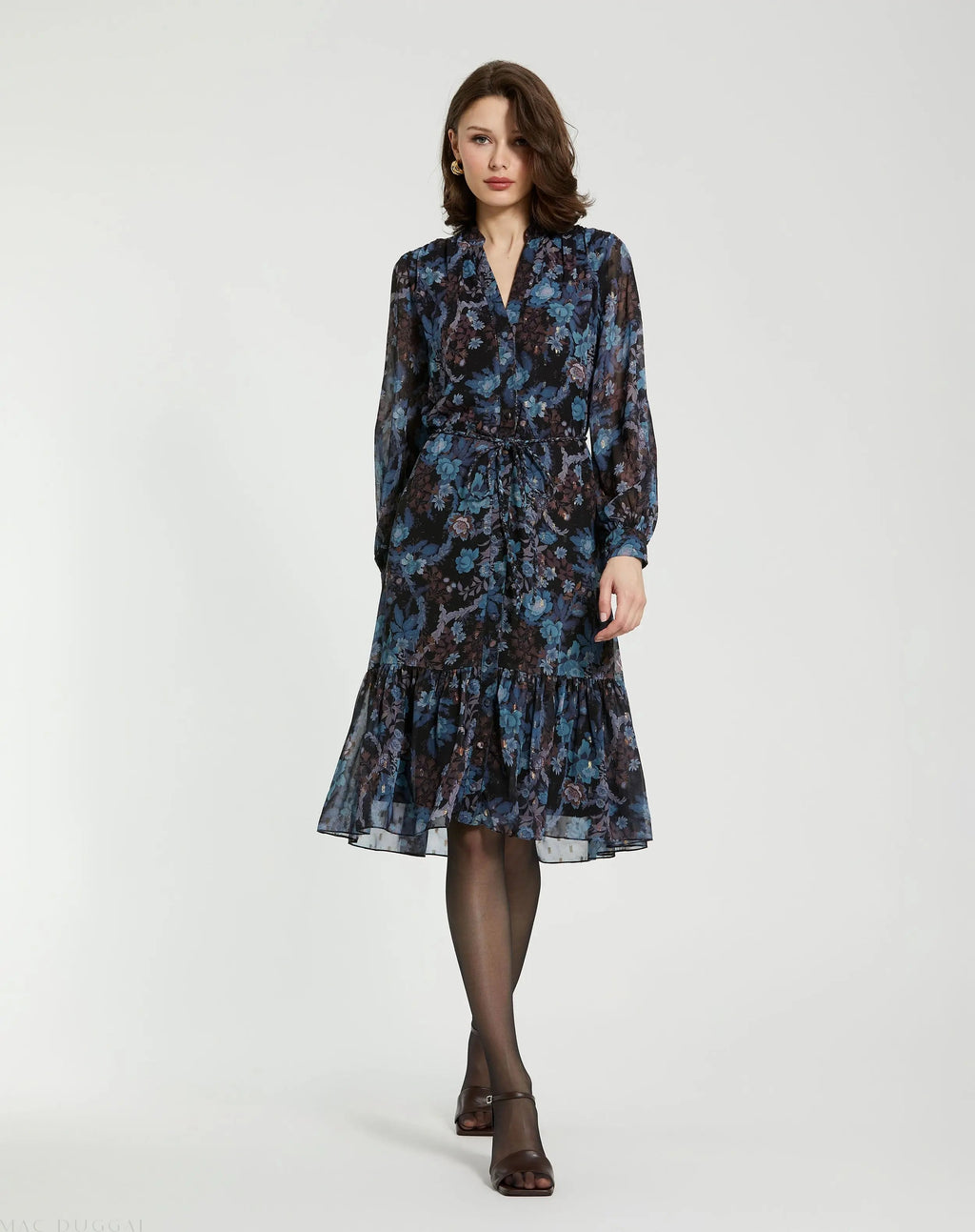Women's Blue Midi Dress - Black Lace Floral