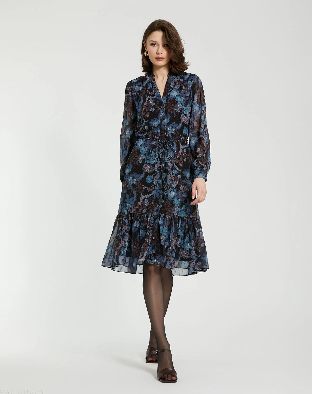 Women's Blue Midi Dress - Black Lace Floral