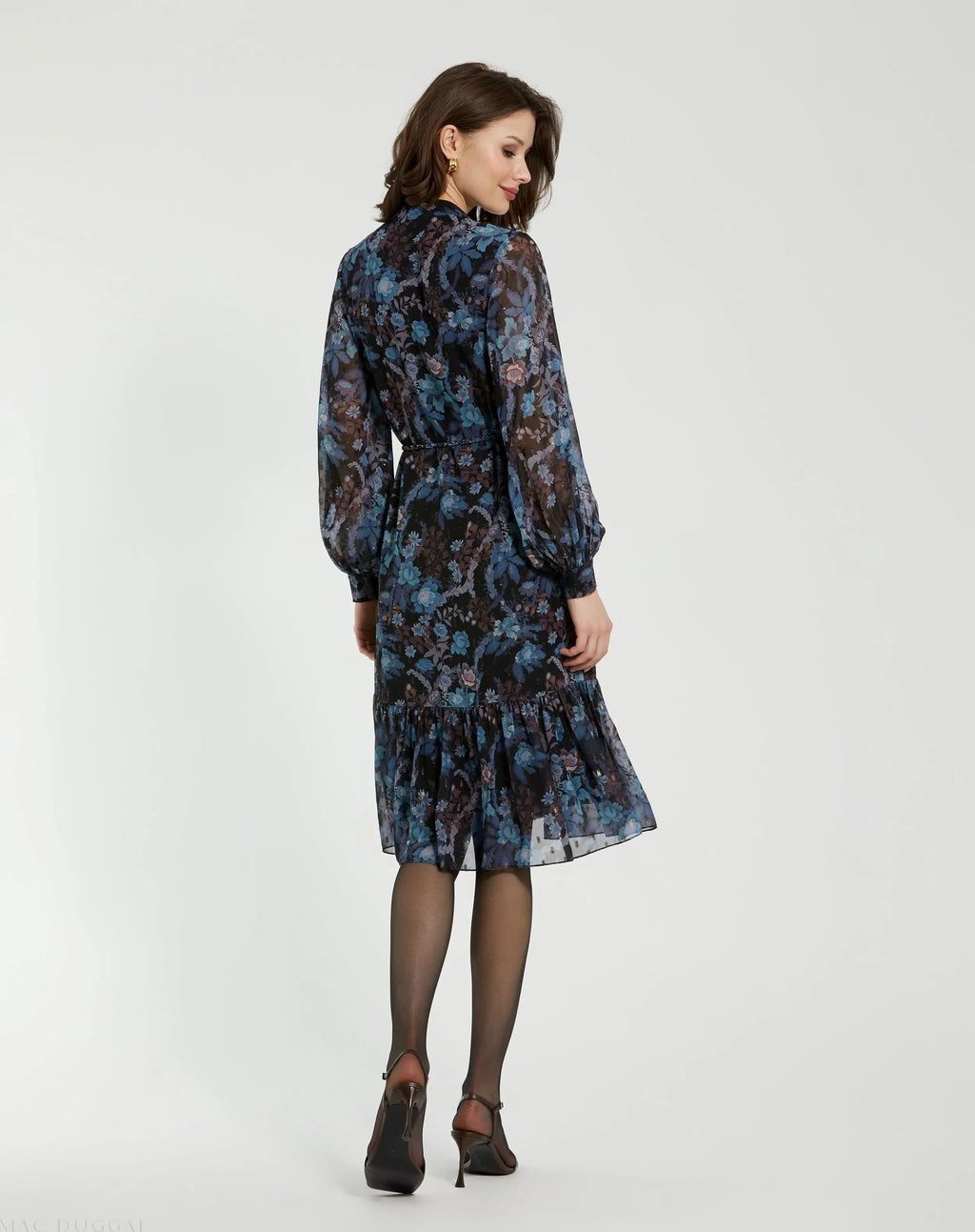 Women's Blue Midi Dress - Black Lace Floral