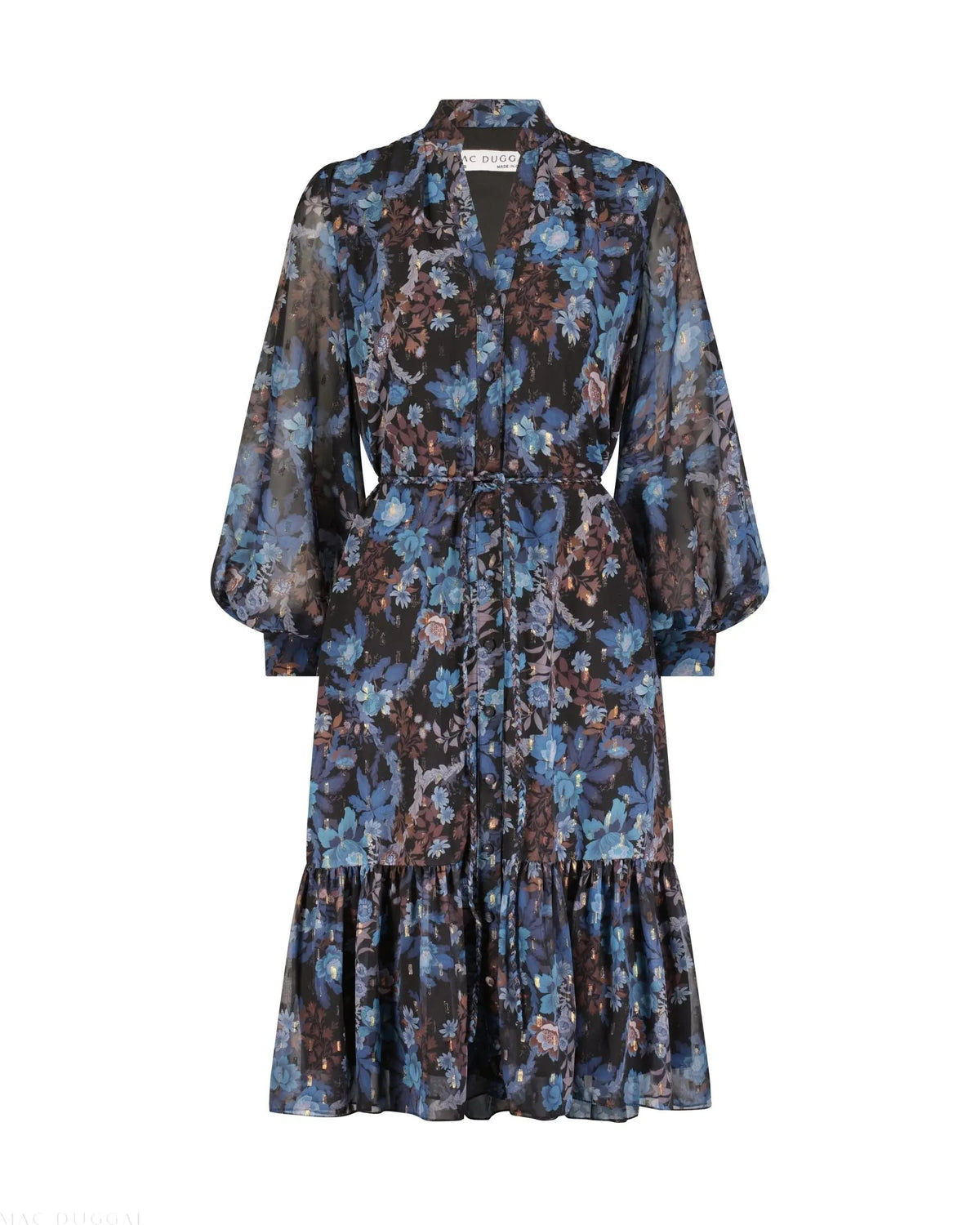Women's Blue Midi Dress - Black Lace Floral