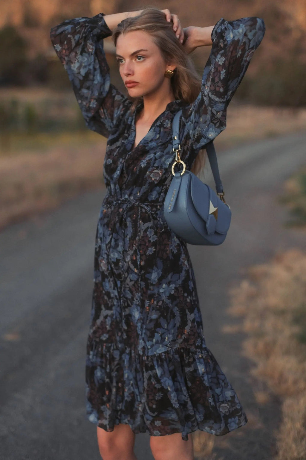 Women's Blue Midi Dress - Black Lace Floral