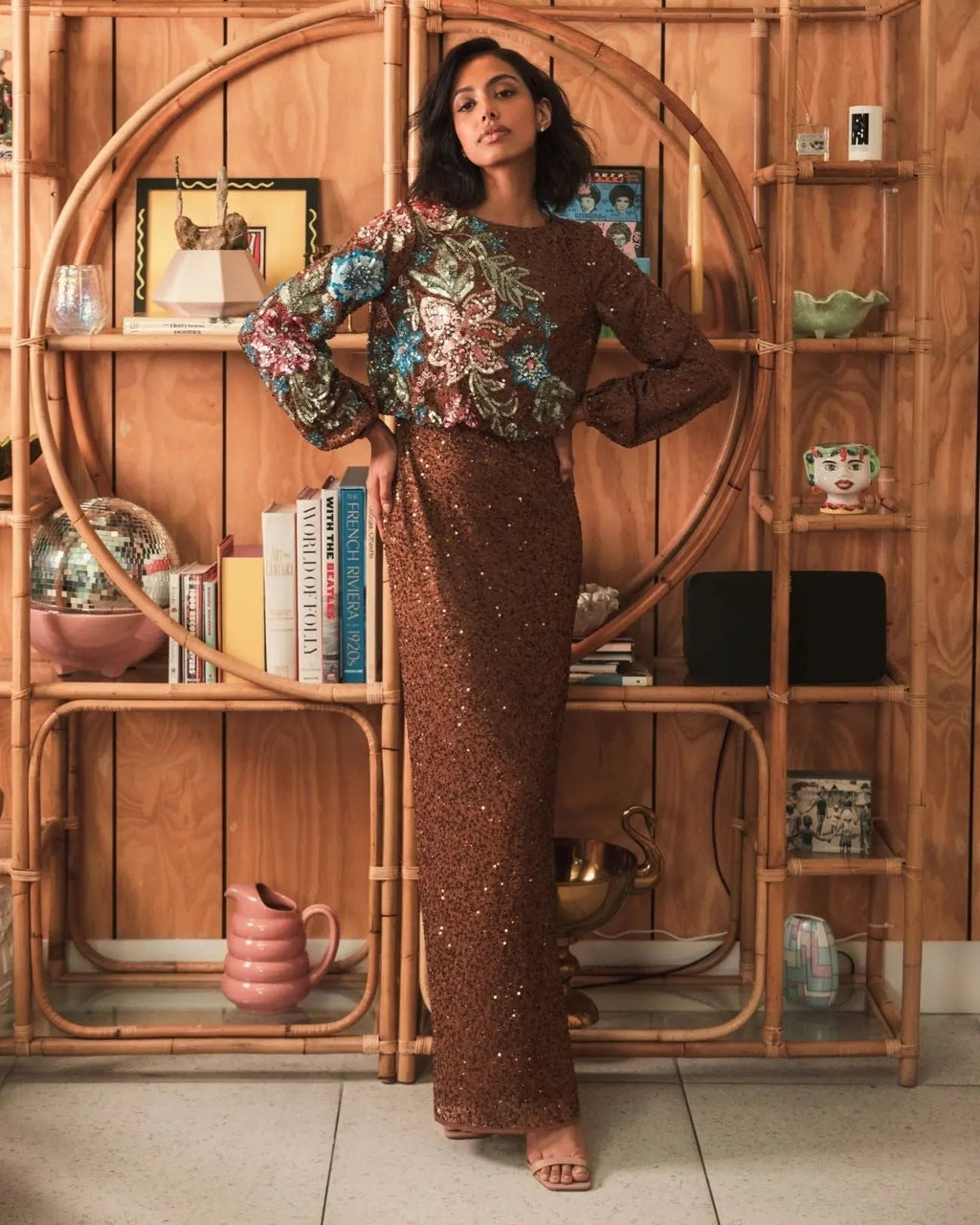 Women's Brown Dress Sequin - Brown Floral
