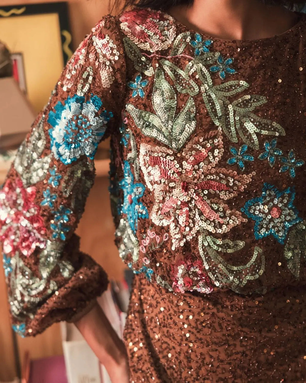 Women's Brown Dress Sequin - Brown Floral
