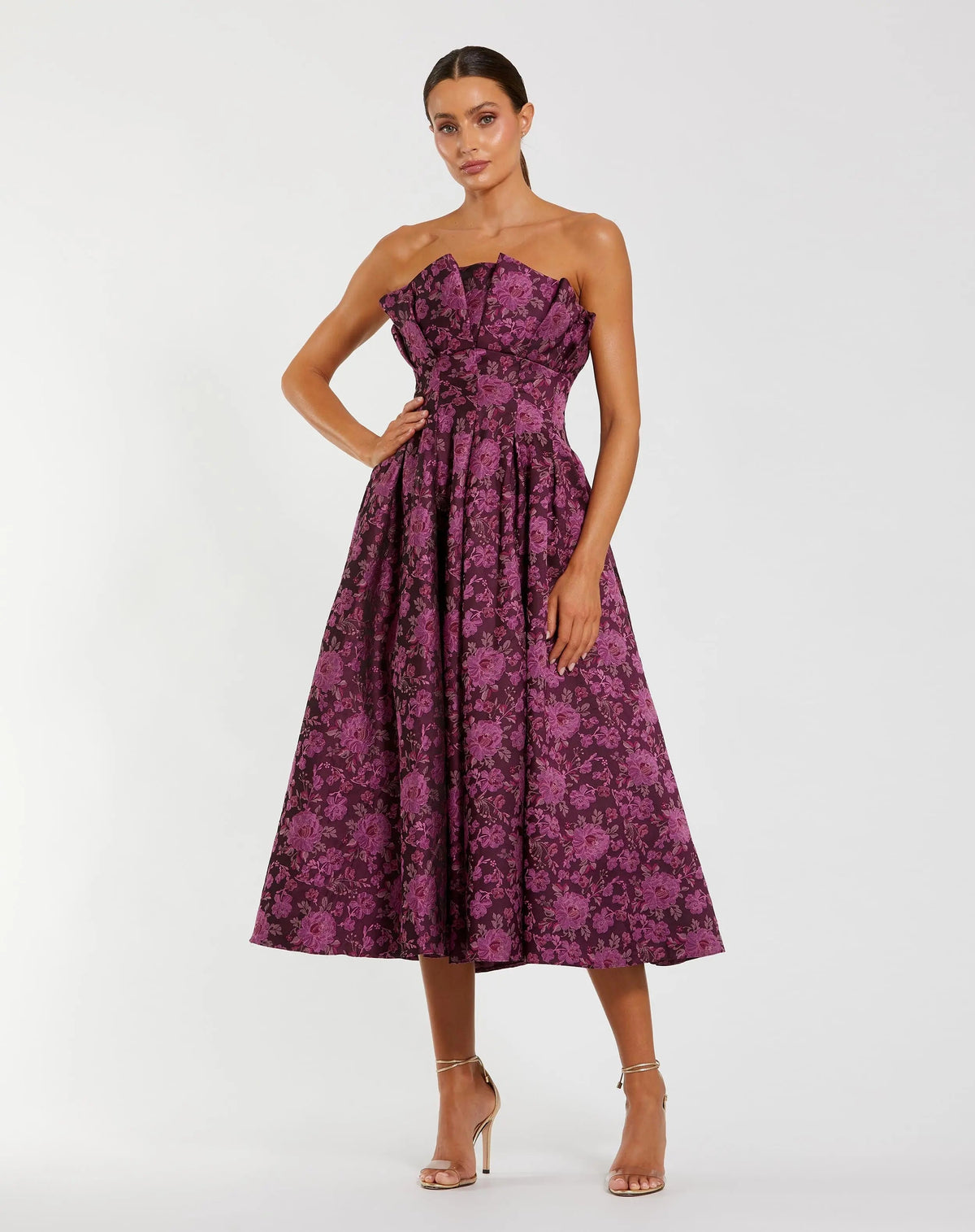 Women's Purple Midi Dress Floral Strapless