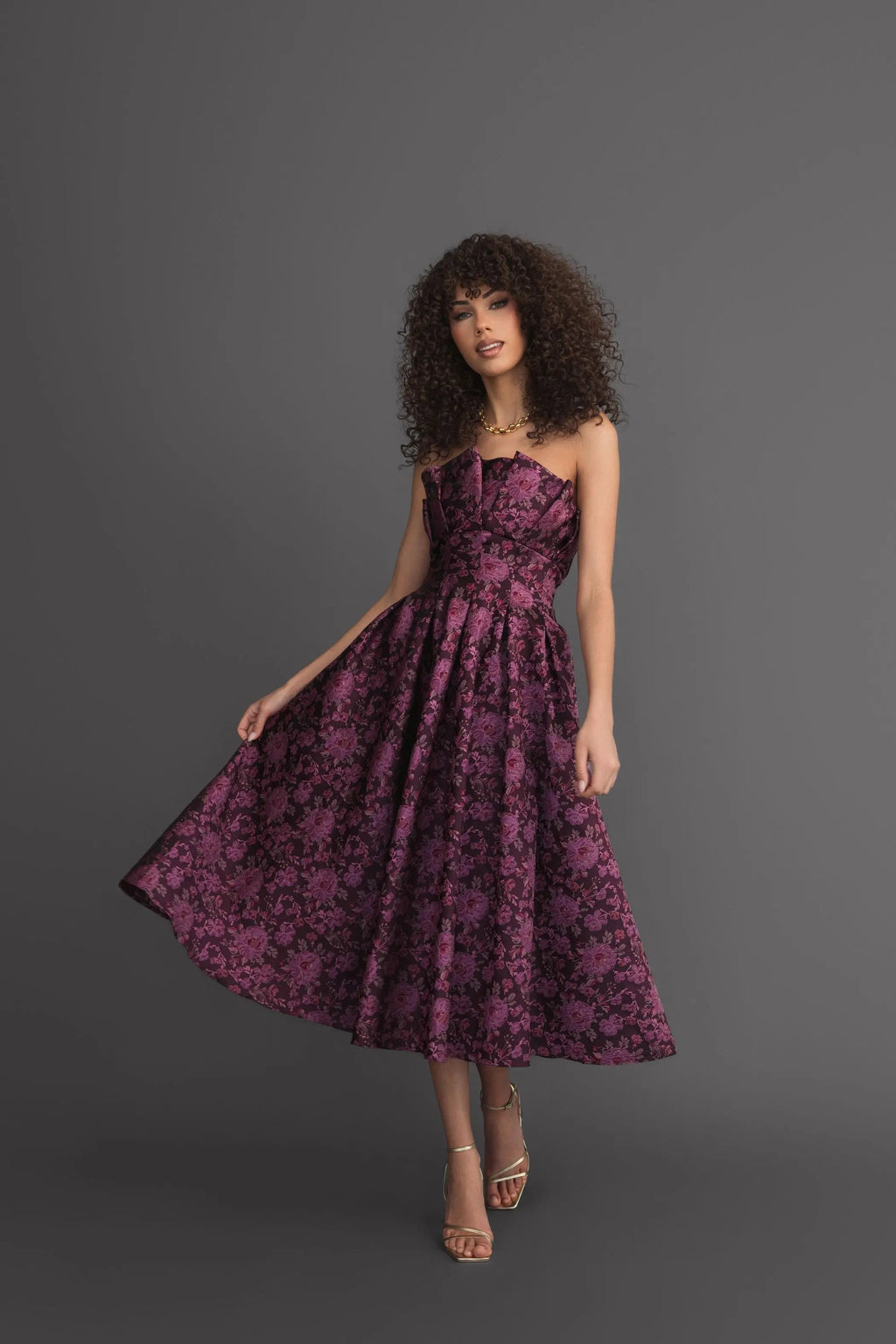Women's Purple Midi Dress Floral Strapless