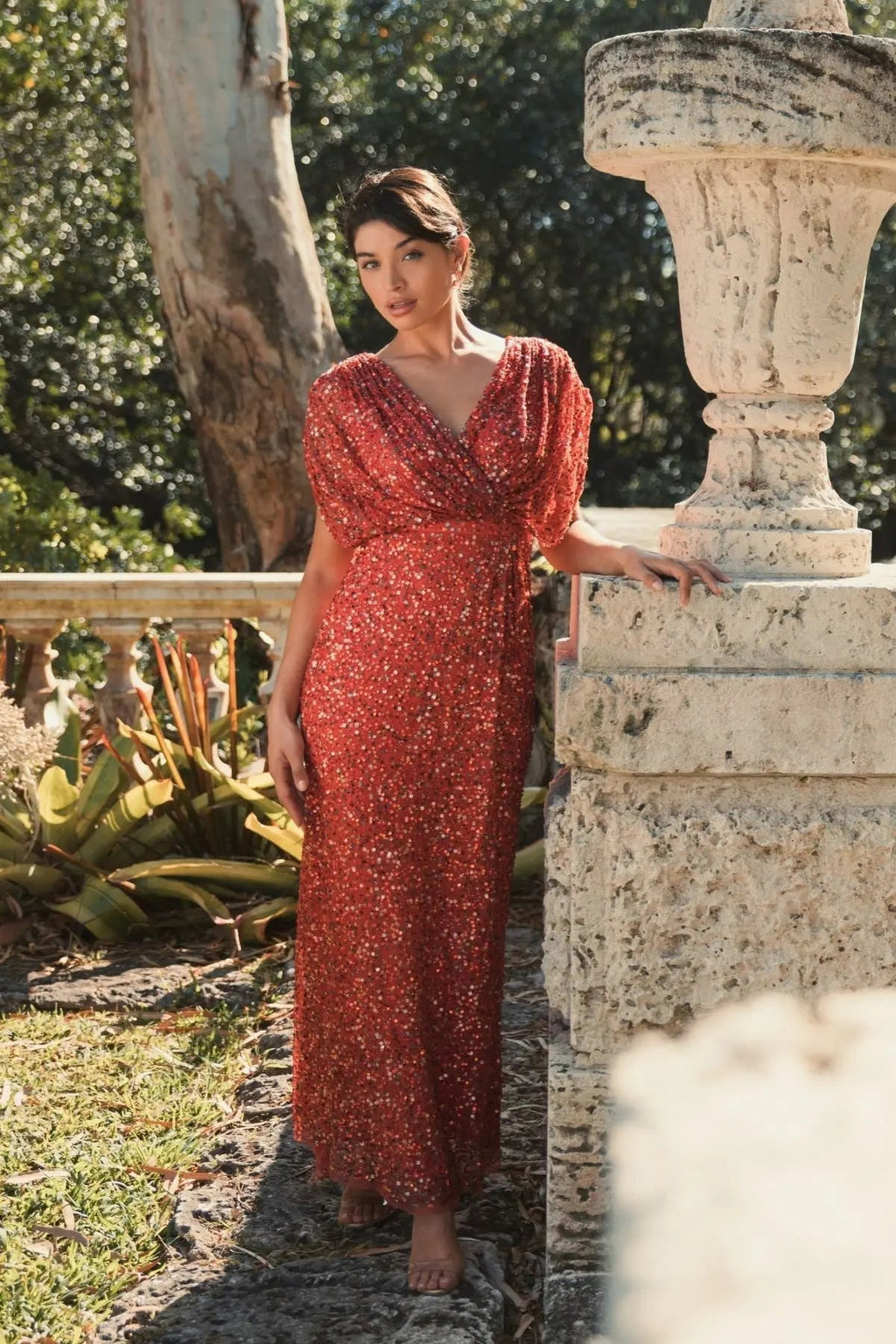 Women's Red Dress - Red Sequin Ruched