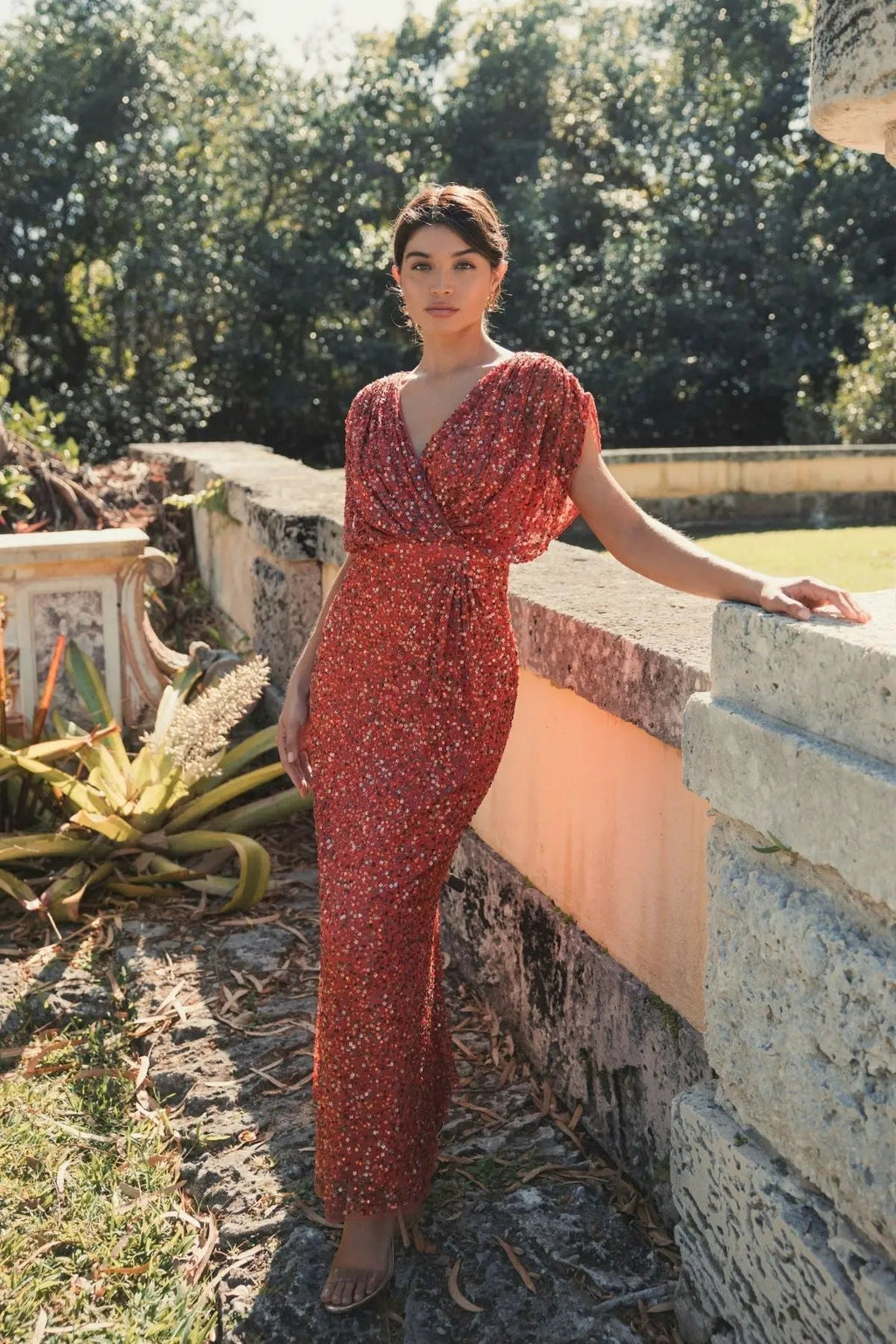 Women's Red Dress - Red Sequin Ruched