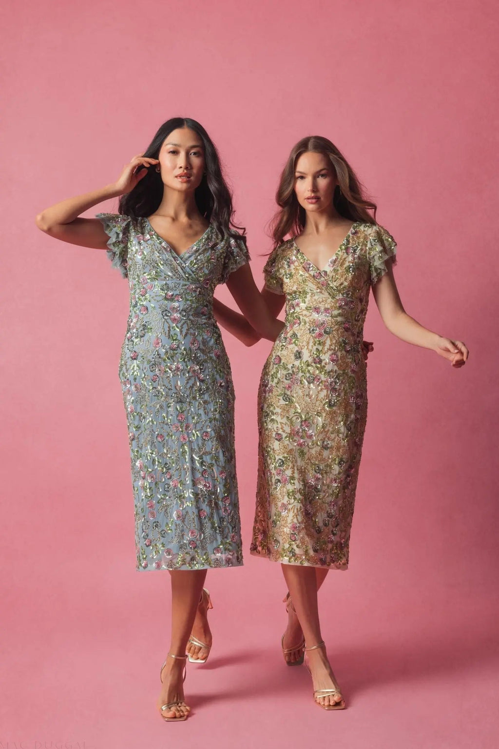 Women's Beige Dress Floral - Beige Sequin Mesh