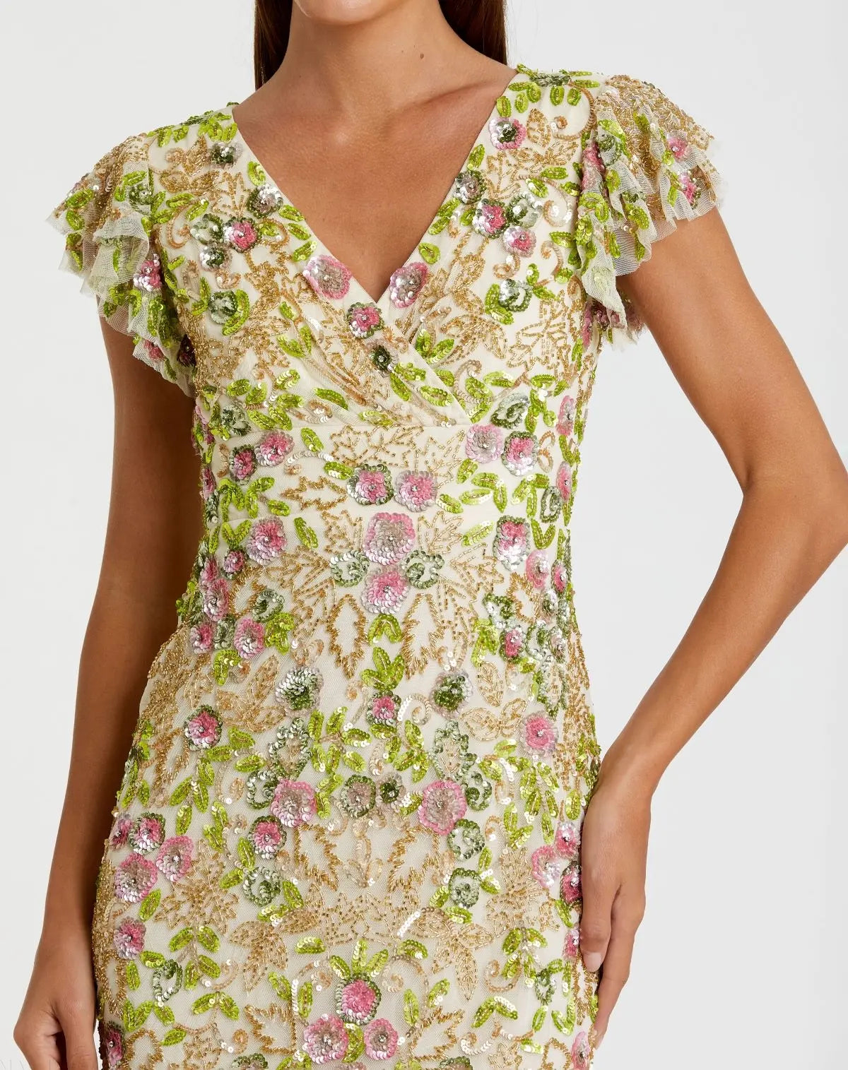 Women's Beige Dress Floral - Beige Sequin Mesh