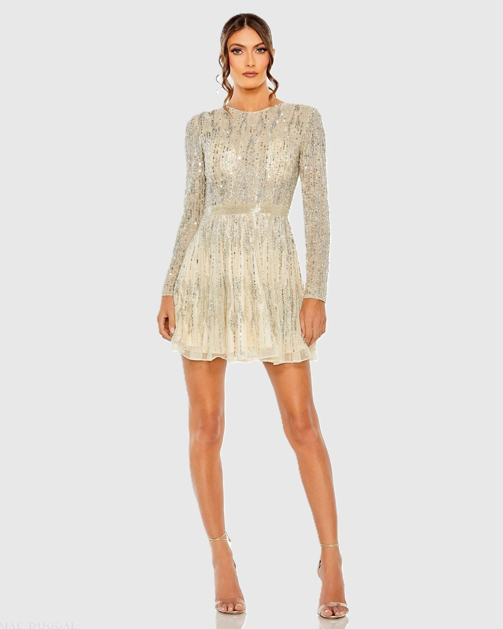 Women's Beige Mini Dress - Beige Sequin Mesh