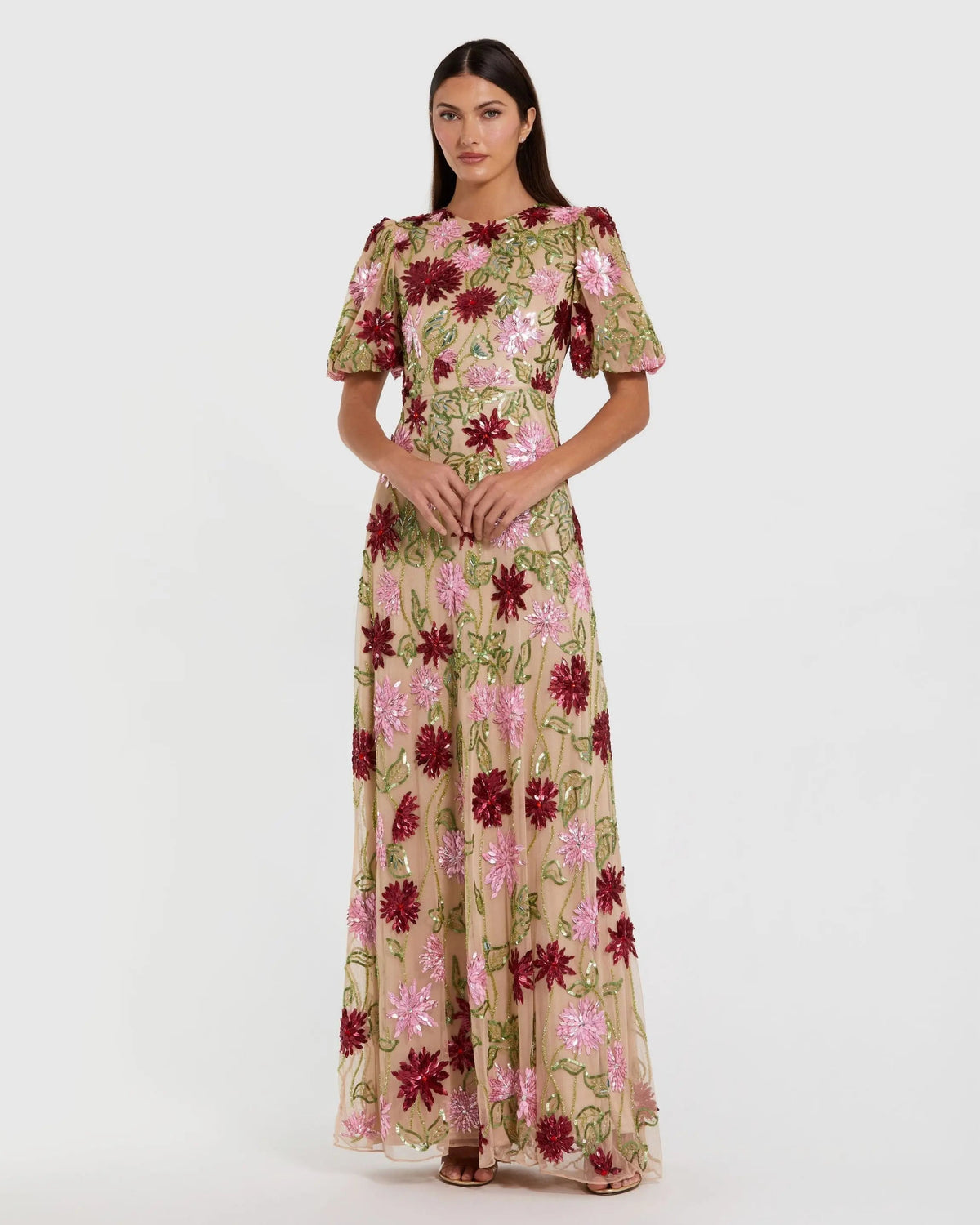 Women's Beige Dress Floral - Black Sequin Mesh
