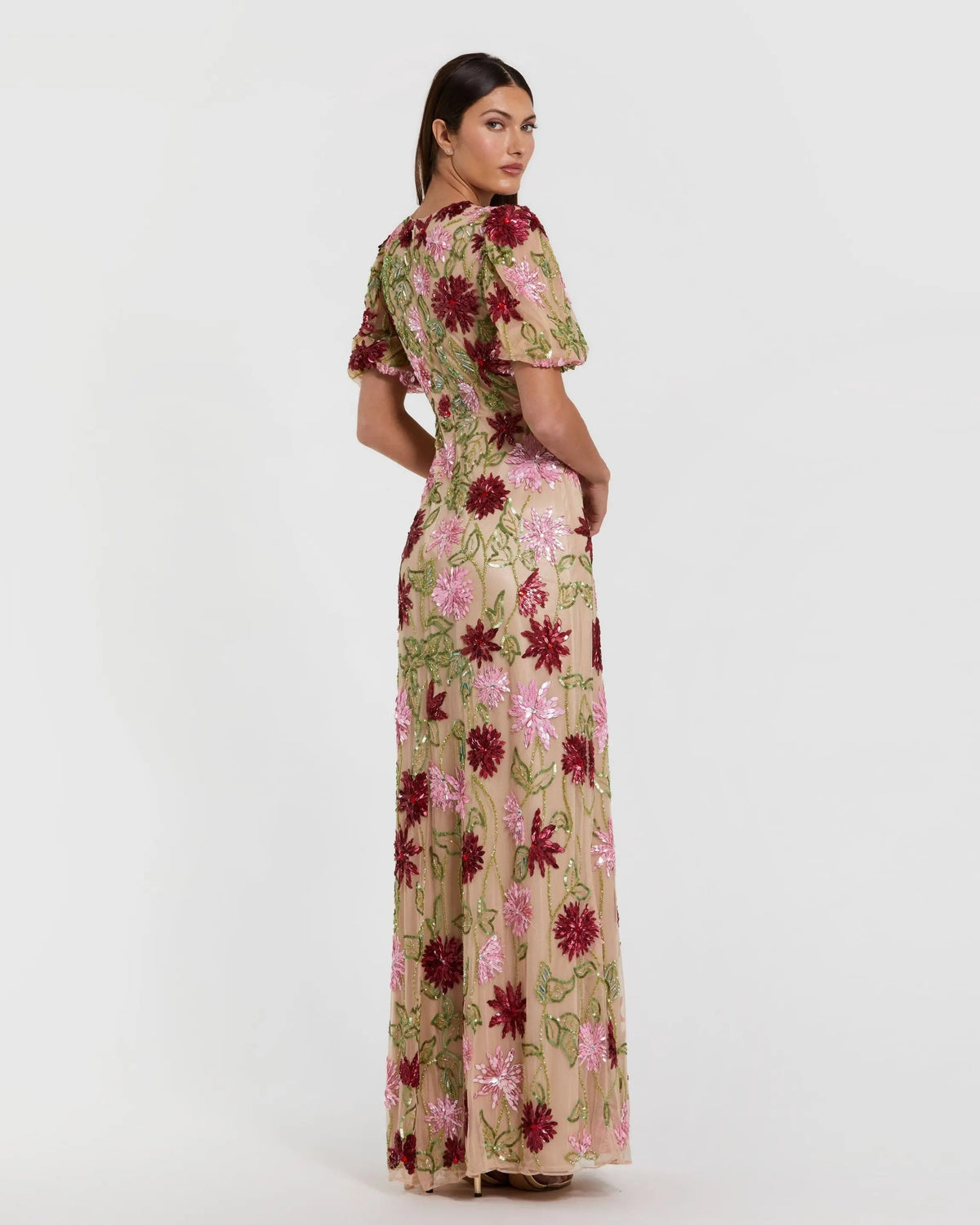 Women's Beige Dress Floral - Black Sequin Mesh