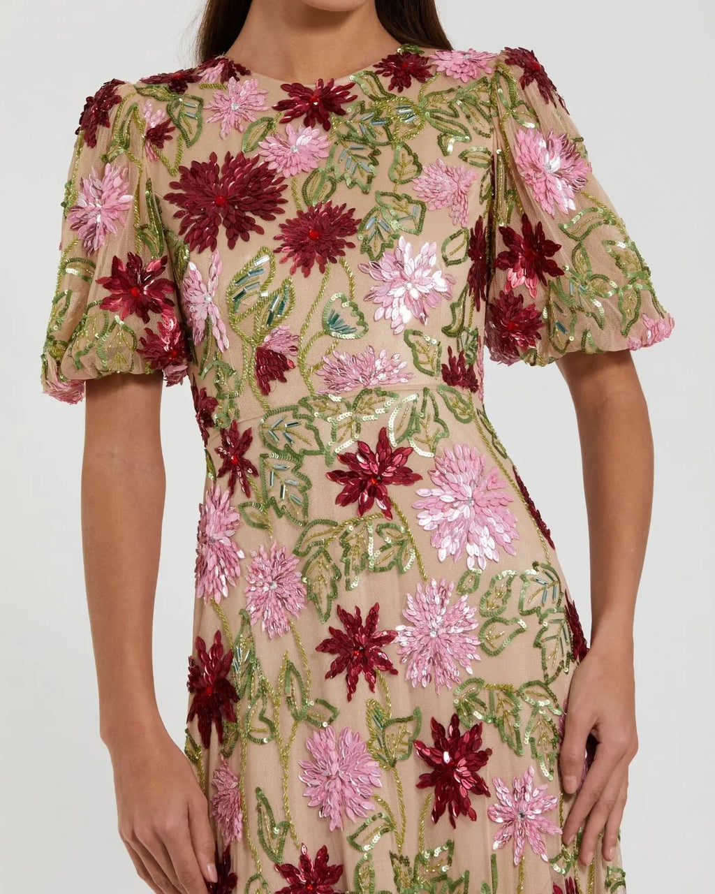 Women's Beige Dress Floral - Black Sequin Mesh