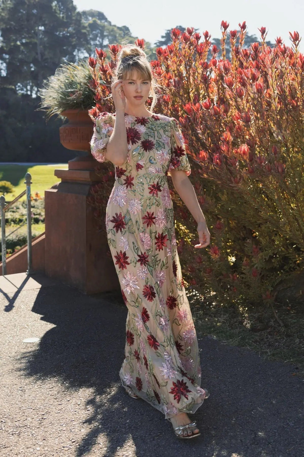 Women's Beige Dress Floral - Black Sequin Mesh