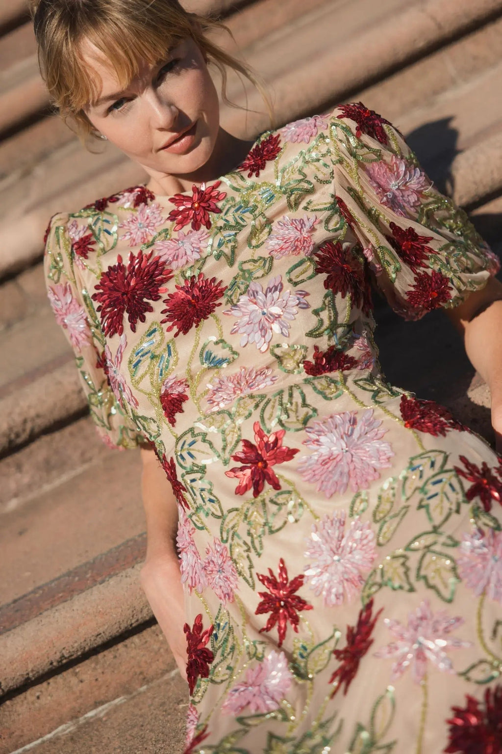 Women's Beige Dress Floral - Black Sequin Mesh