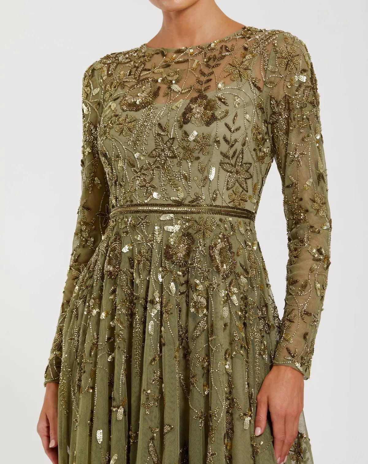 Women's Green Dress Floral - Black Sequin Mesh