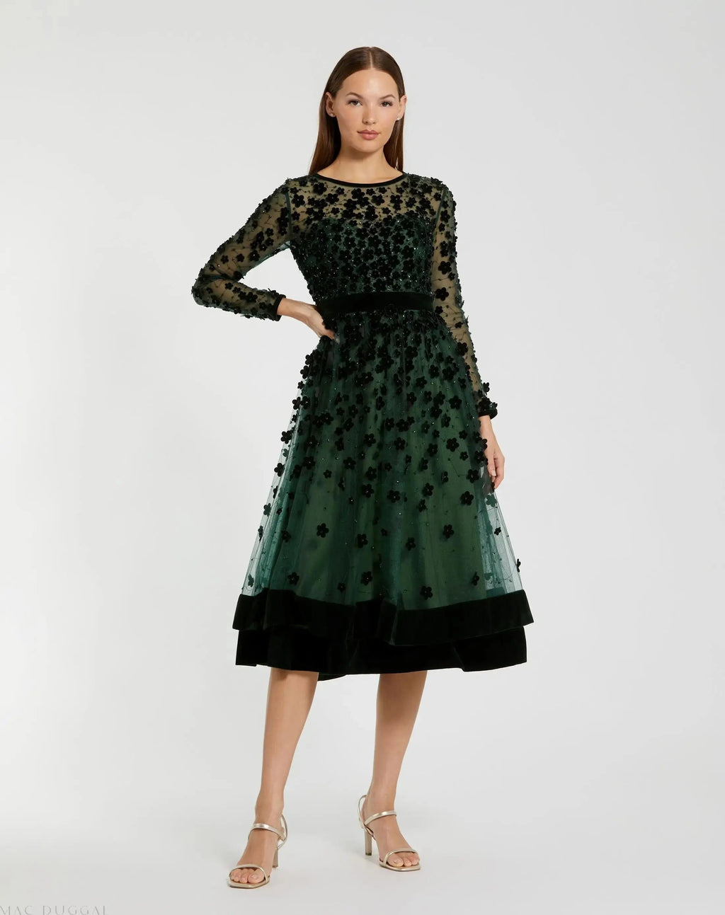 Women's Green Midi Dress Velvet - Green Floral Mesh