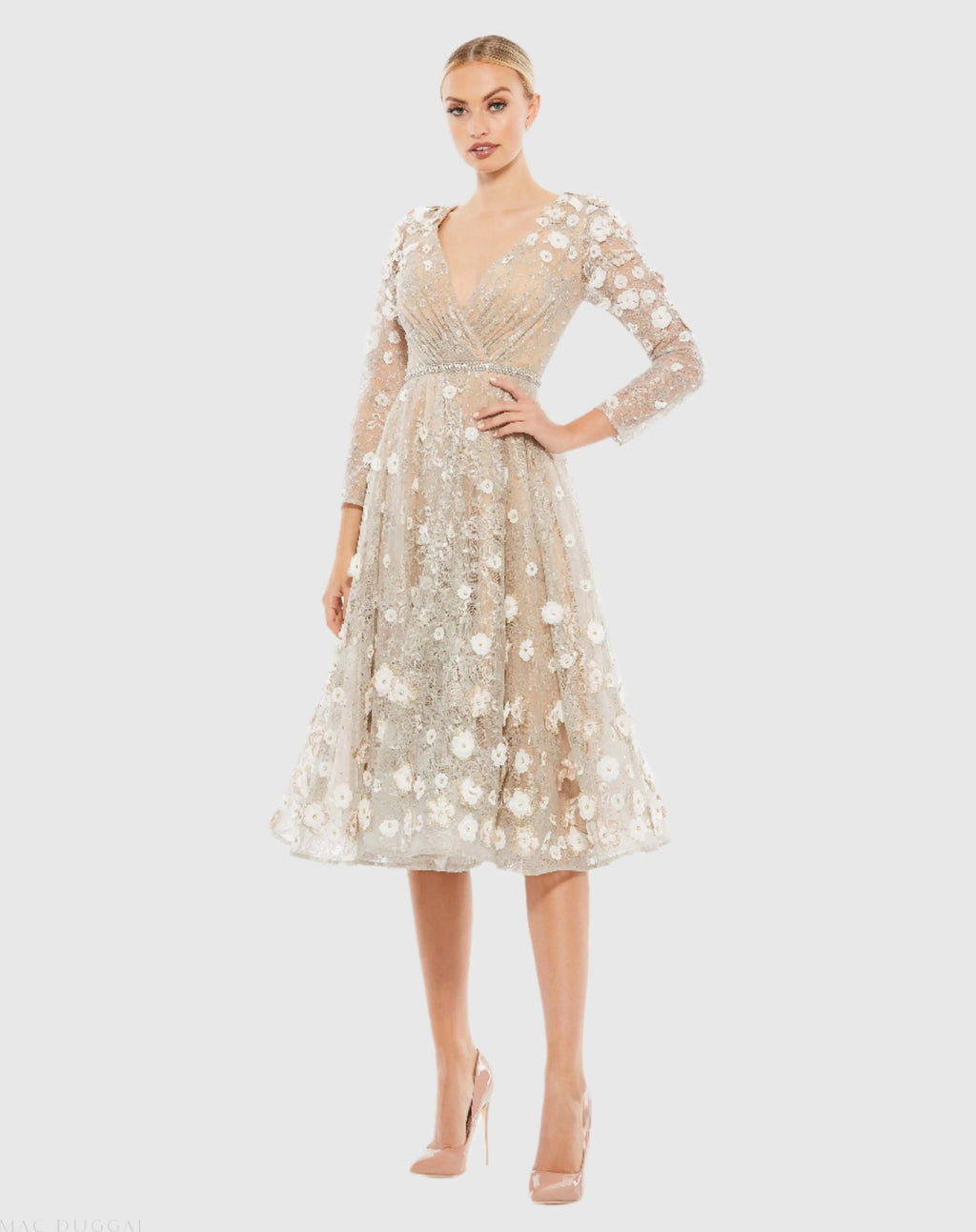 Women's Beige Cocktail Dress Lace Floral for Evening & Special Occasions