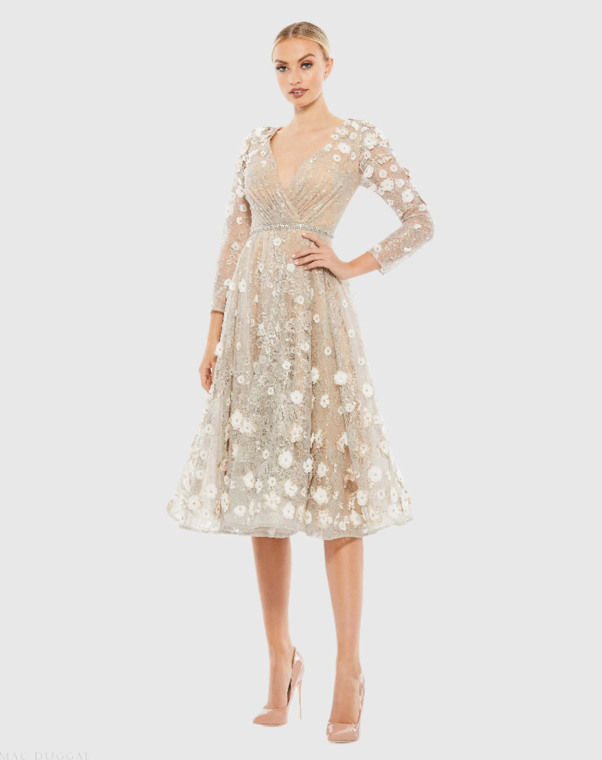 Women's Beige Cocktail Dress Lace Floral for Evening & Special Occasions