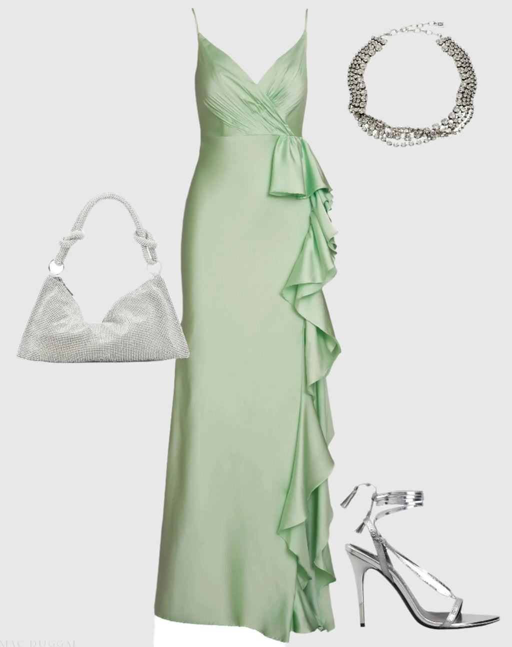 Women's Green Dress Satin - Green Ruffle Asymmetrical