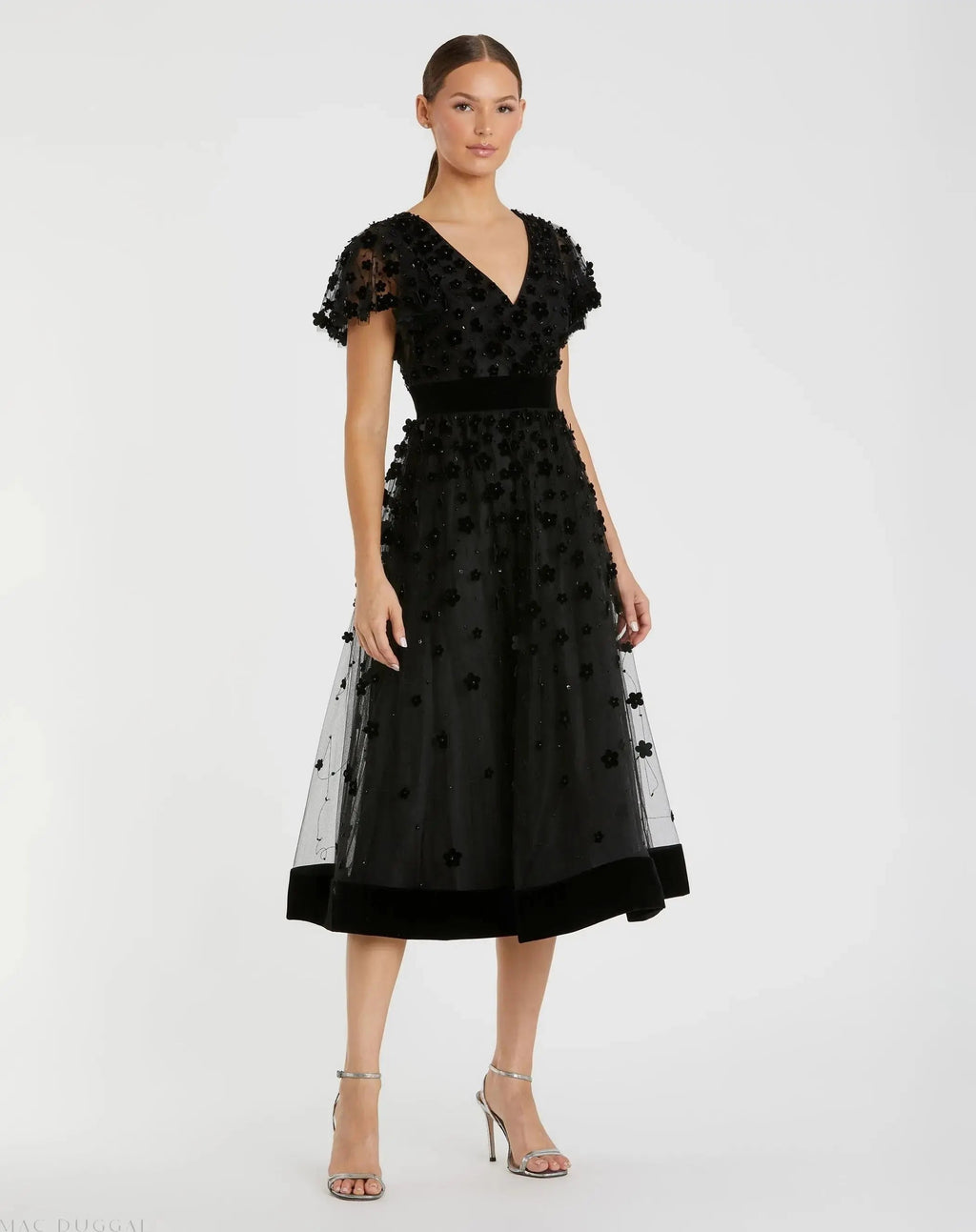 Women's Black Midi Dress Velvet - Black Floral Mesh