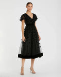Women's Black Midi Dress Velvet - Black Floral Mesh