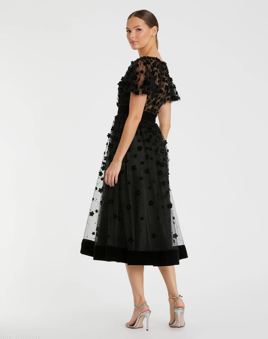 Women's Black Midi Dress Velvet - Black Floral Mesh
