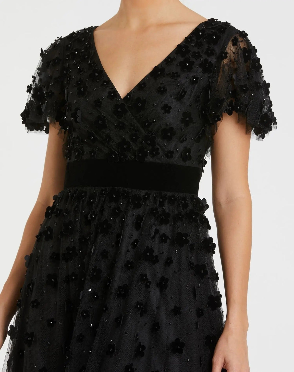 Women's Black Midi Dress Velvet - Black Floral Mesh