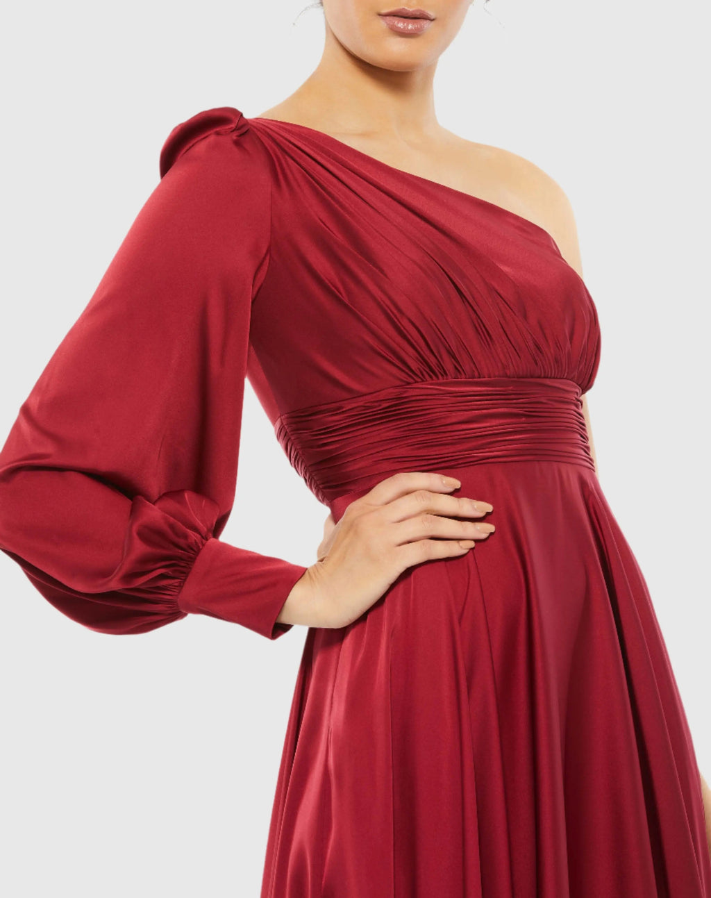 Women's Red Dress One Shoulder - Red Satin Ruched