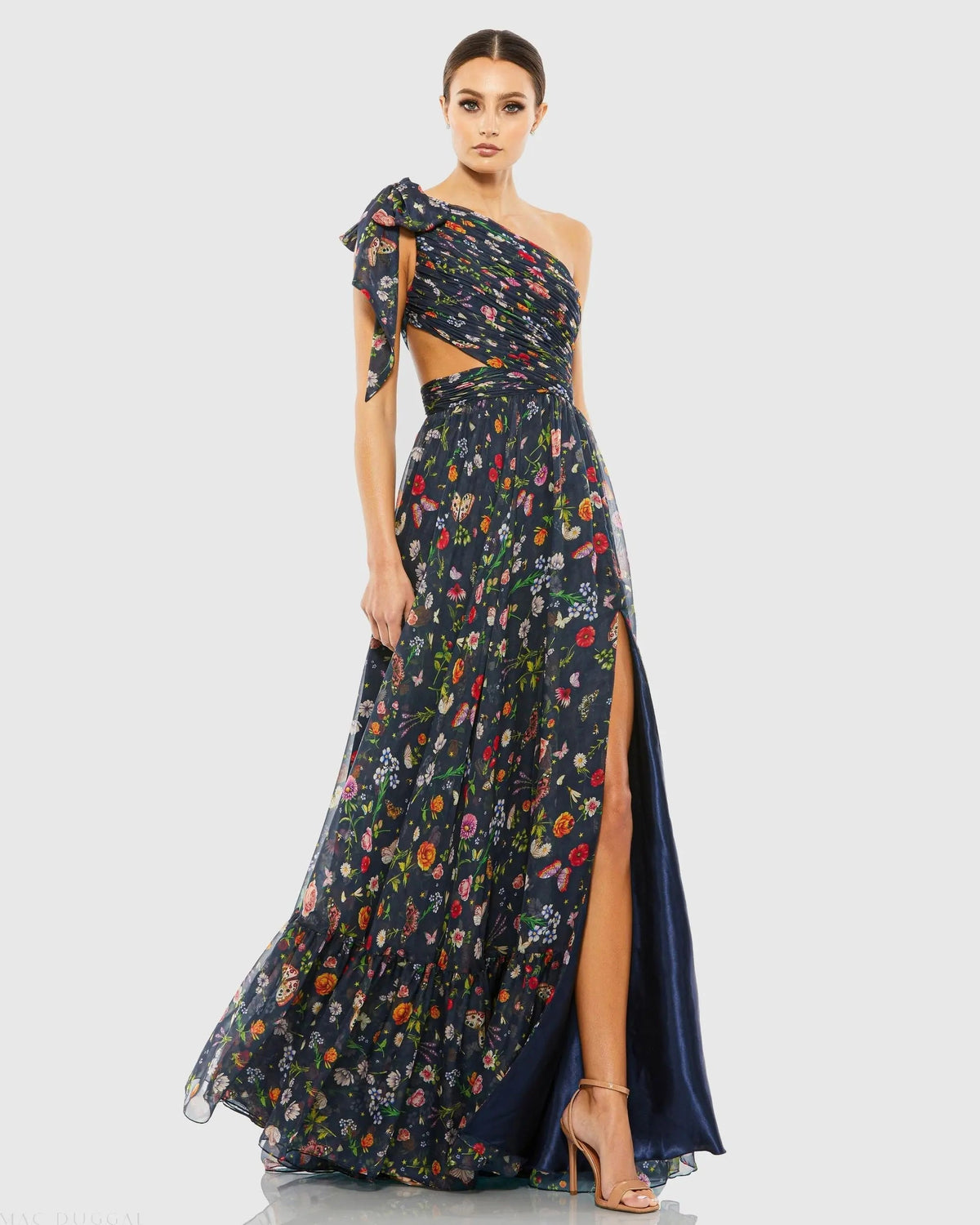 Women's Navy Dress One Shoulder - Navy Satin Floral