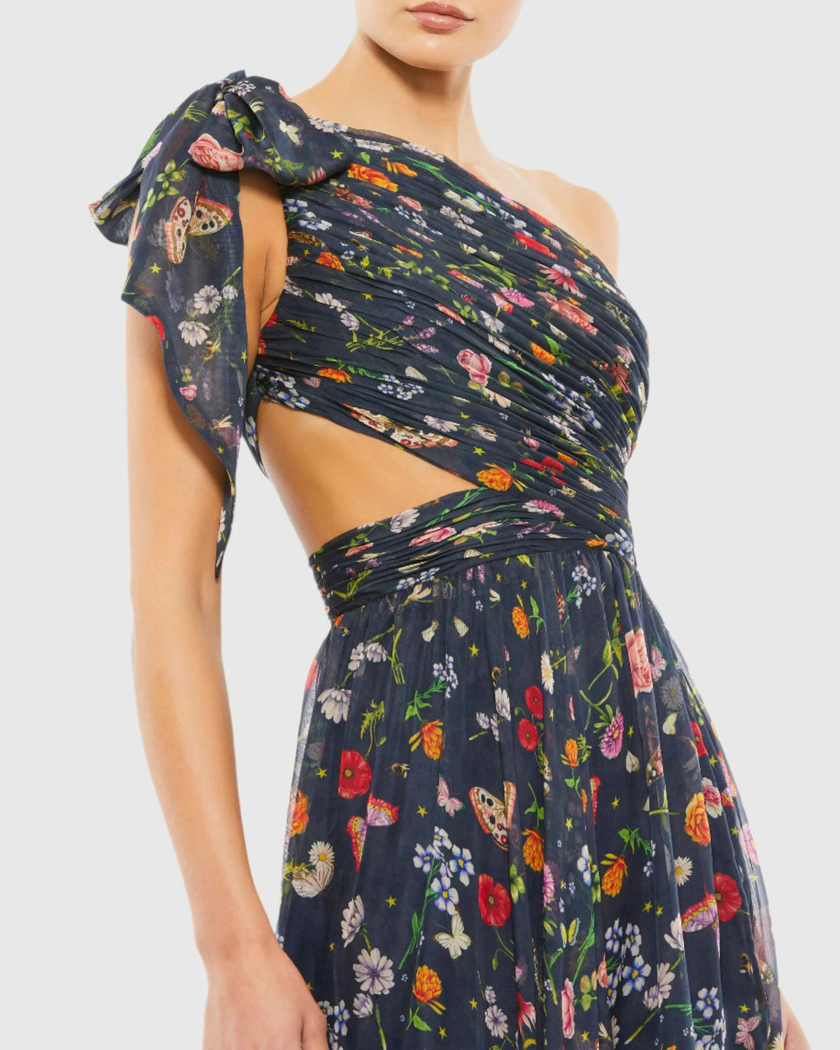 Women's Navy Dress One Shoulder - Navy Satin Floral
