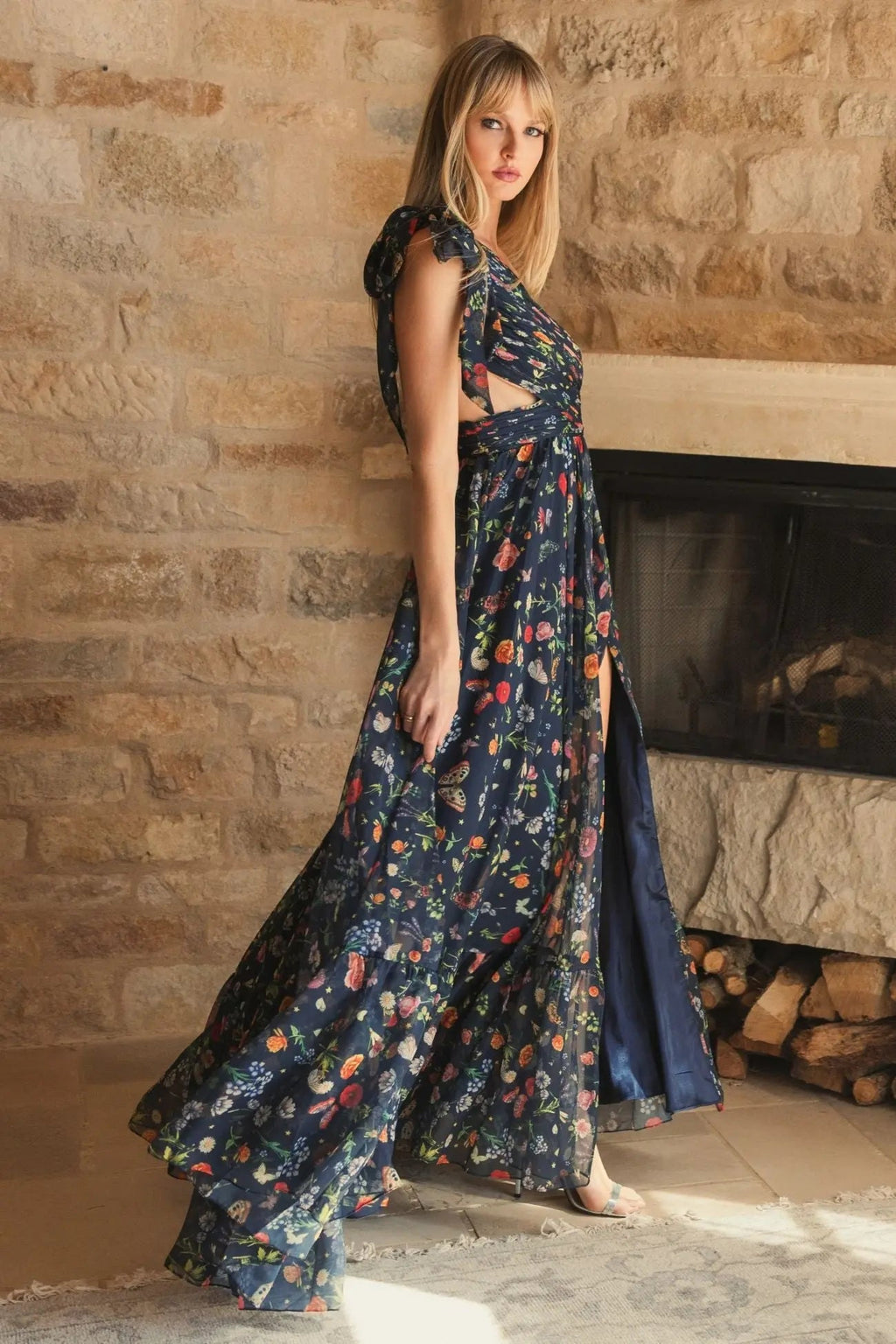 Women's Navy Dress One Shoulder - Navy Satin Floral